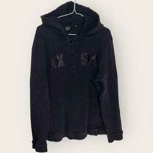 A/X Armani Exchange Black Hooded Waffle Knit Sweater Lamb Leather & Cotton - XXL